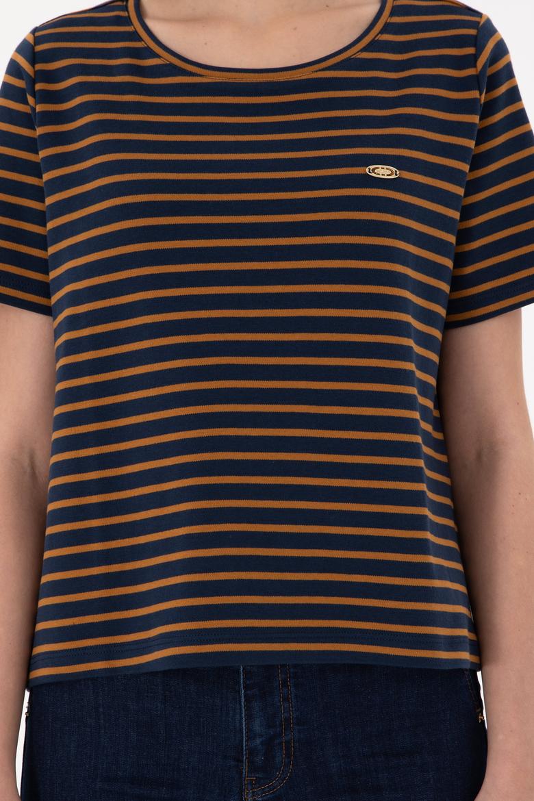 Kadın Lacivert Çizgili Bisiklet Yaka Tişört - 50271569010