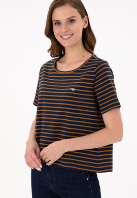 Kadın Lacivert Çizgili Bisiklet Yaka Tişört - 50271569010
