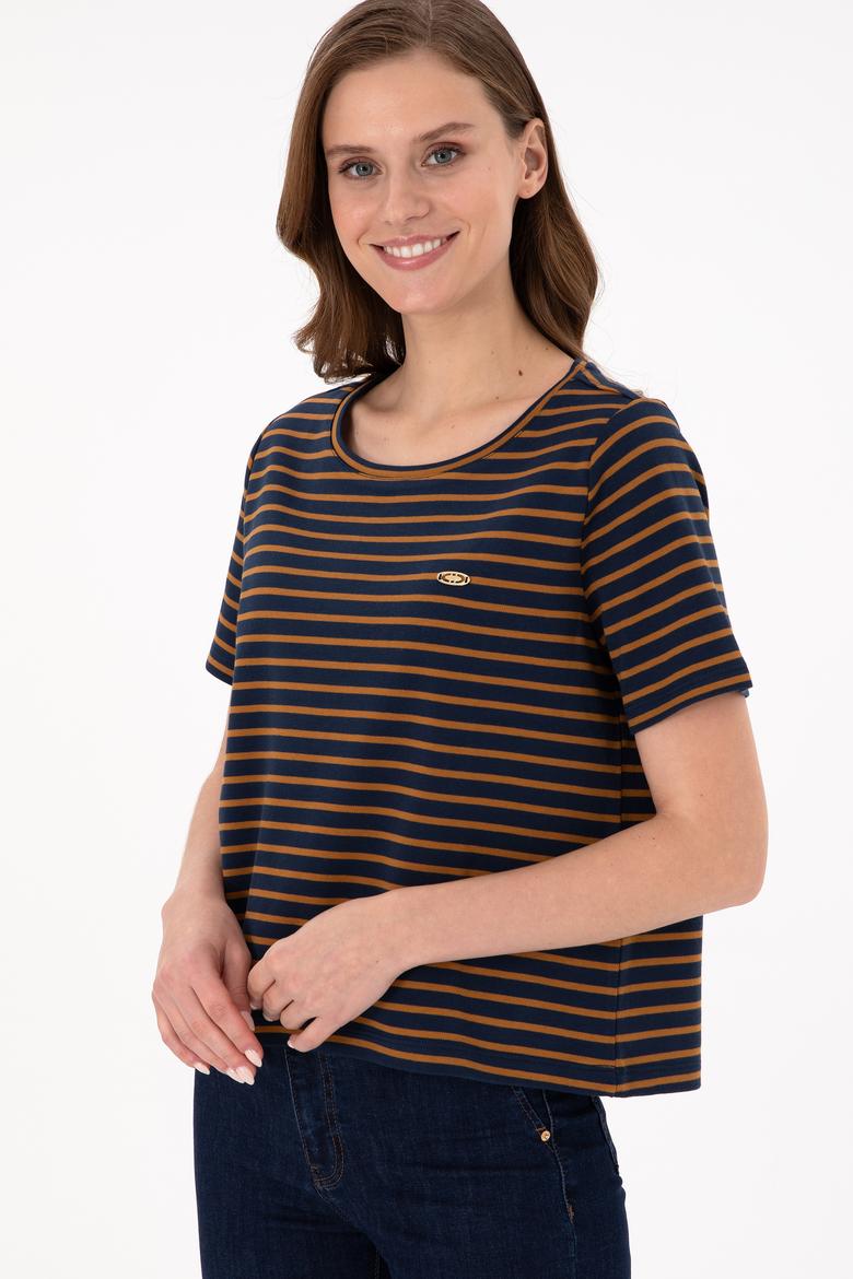 Kadın Lacivert Çizgili Bisiklet Yaka Tişört - 50271569010