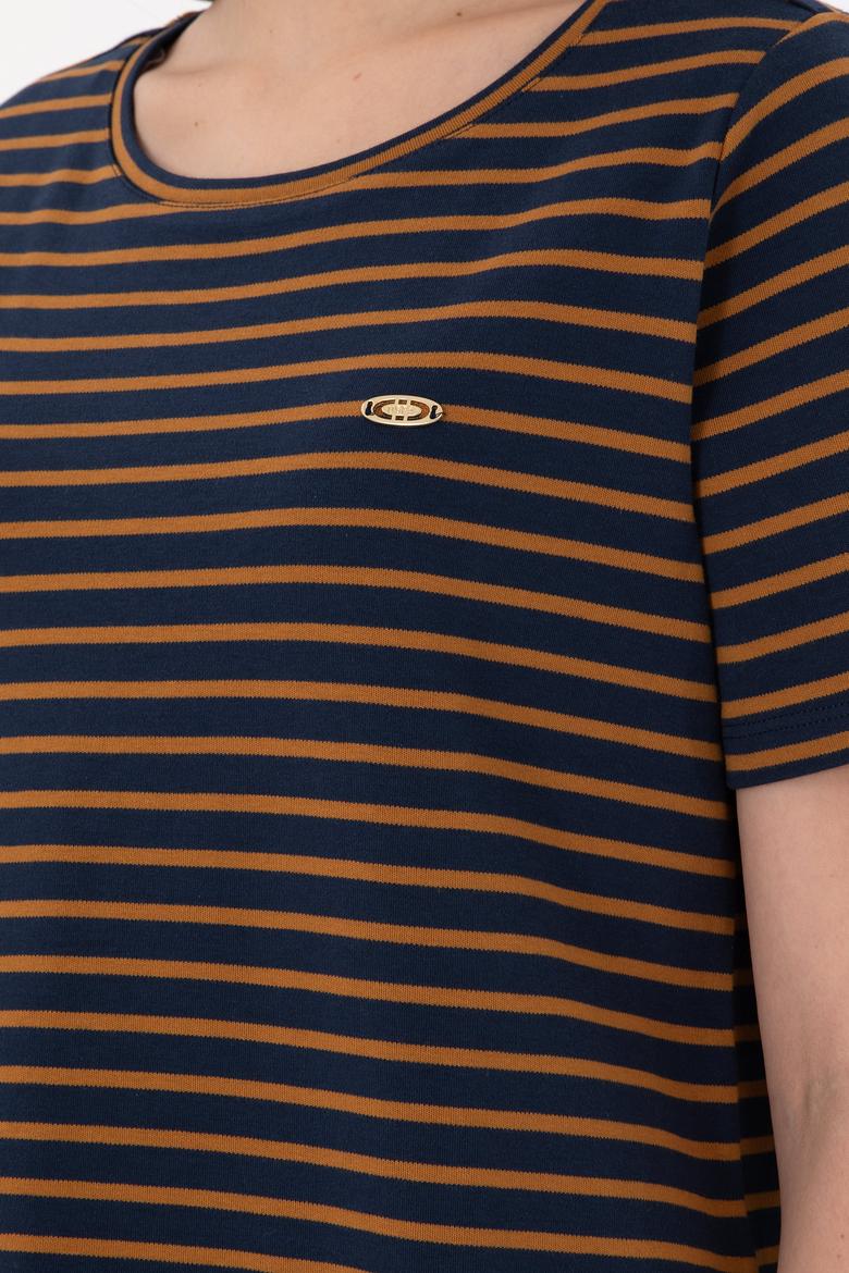 Kadın Lacivert Çizgili Bisiklet Yaka Tişört - 50271569010