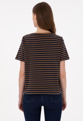 Kadın Lacivert Çizgili Bisiklet Yaka Tişört - 50271569010