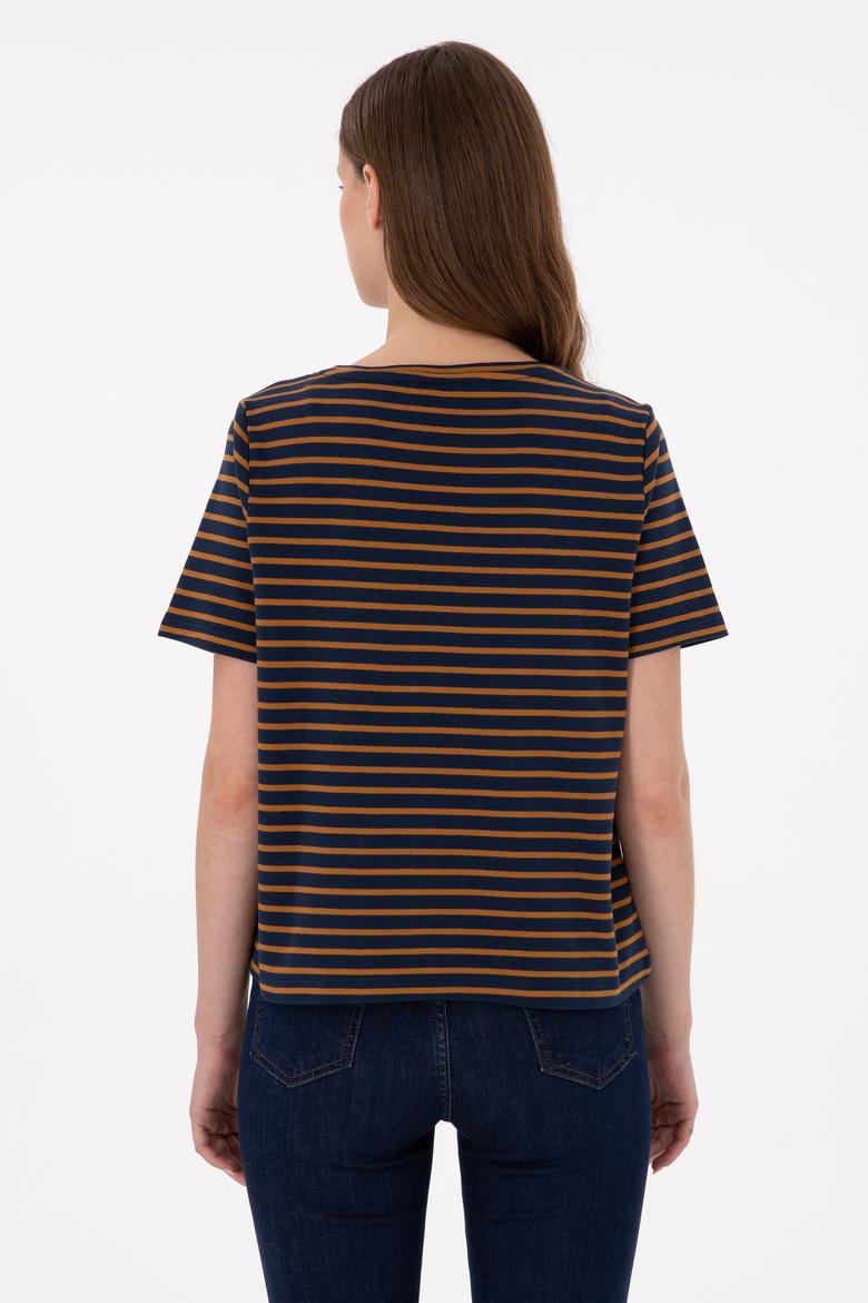 Kadın Lacivert Çizgili Bisiklet Yaka Tişört - 50271569010