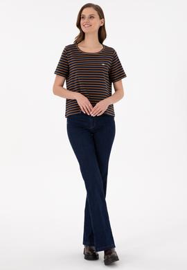 Kadın Lacivert Çizgili Bisiklet Yaka Tişört - 50271569010