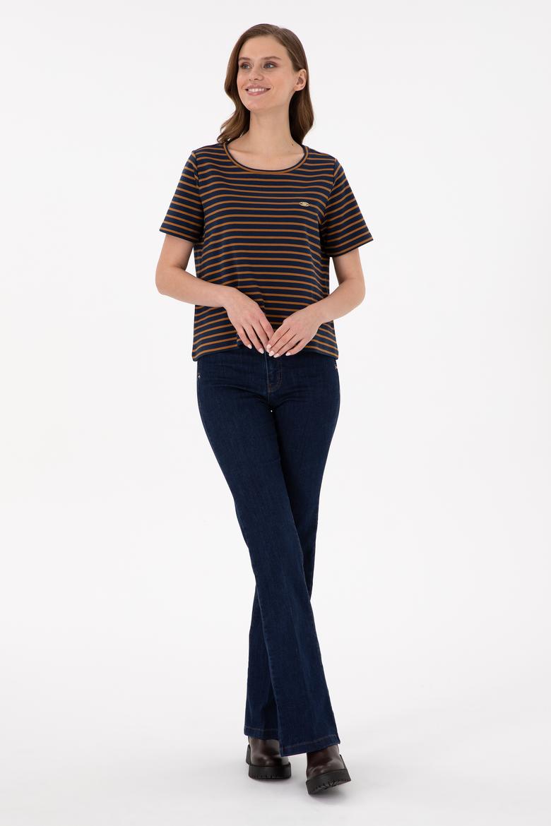 Kadın Lacivert Çizgili Bisiklet Yaka Tişört - 50271569010