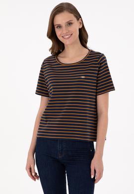 Kadın Lacivert Çizgili Bisiklet Yaka Tişört - 50271569010