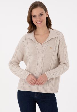 Kadın Krem Melanj Polo Yaka Kazak - 50291574017