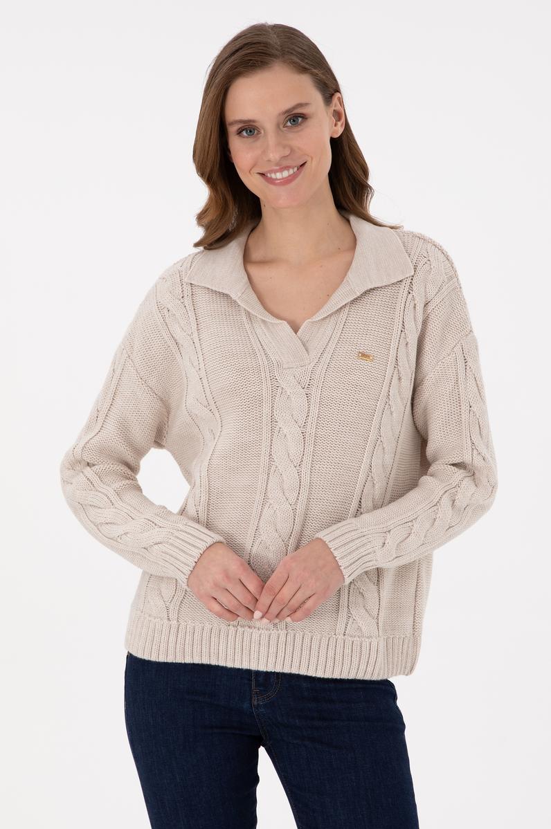 Kadın Krem Melanj Polo Yaka Kazak