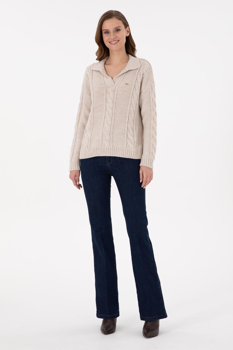 Kadın Krem Melanj Polo Yaka Kazak - 50291574017