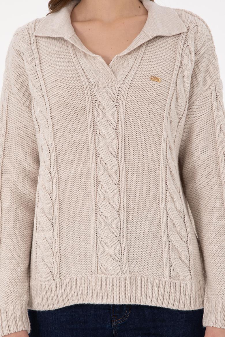 Kadın Krem Melanj Polo Yaka Kazak - 50291574017