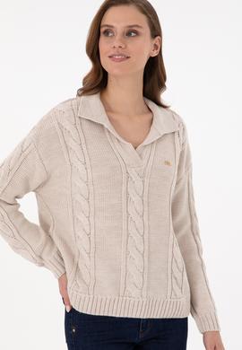 Kadın Krem Melanj Polo Yaka Kazak - 50291574017