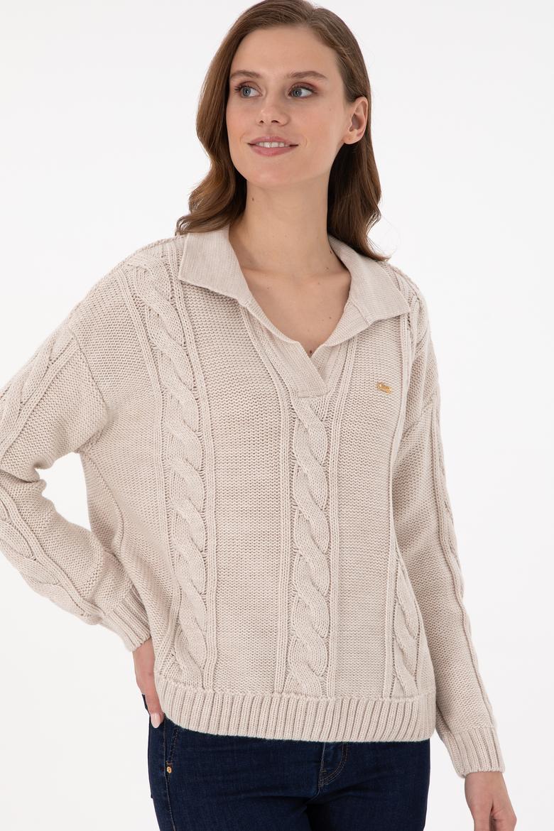 Kadın Krem Melanj Polo Yaka Kazak - 50291574017