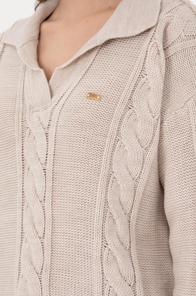 Kadın Krem Melanj Polo Yaka Kazak