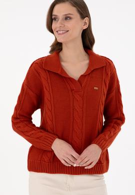 Kadın Kiremit Polo Yaka Kazak - 50291574026