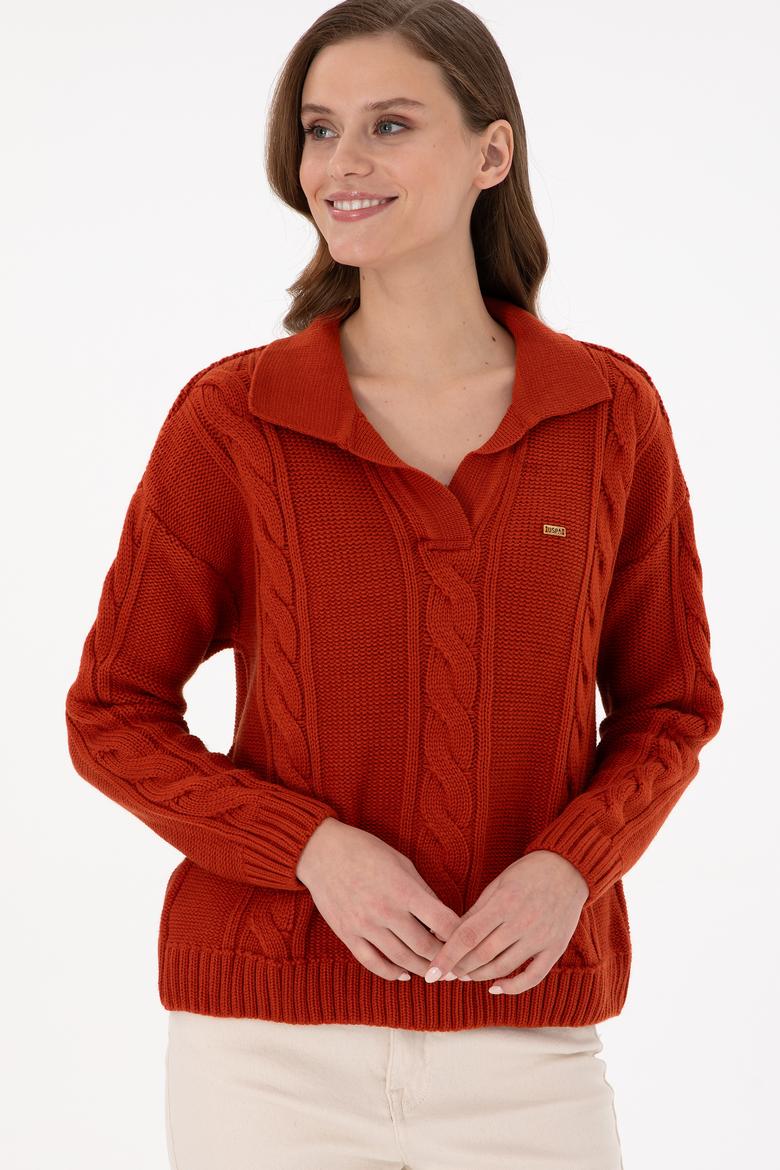 Kadın Kiremit Polo Yaka Kazak - 50291574026