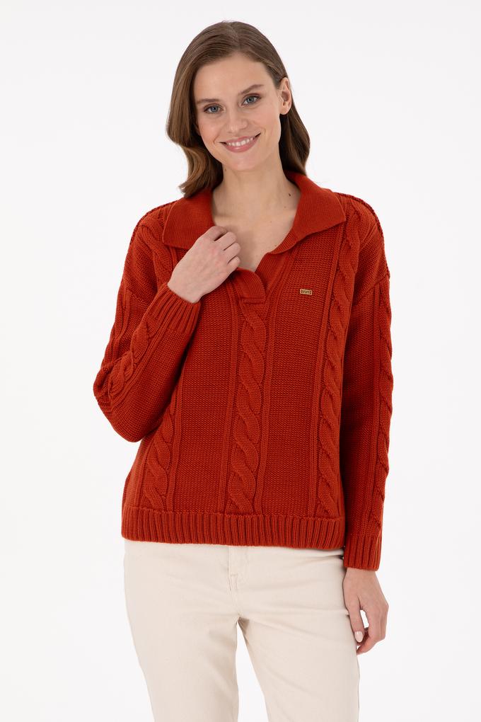 Kadın Kiremit Polo Yaka Kazak