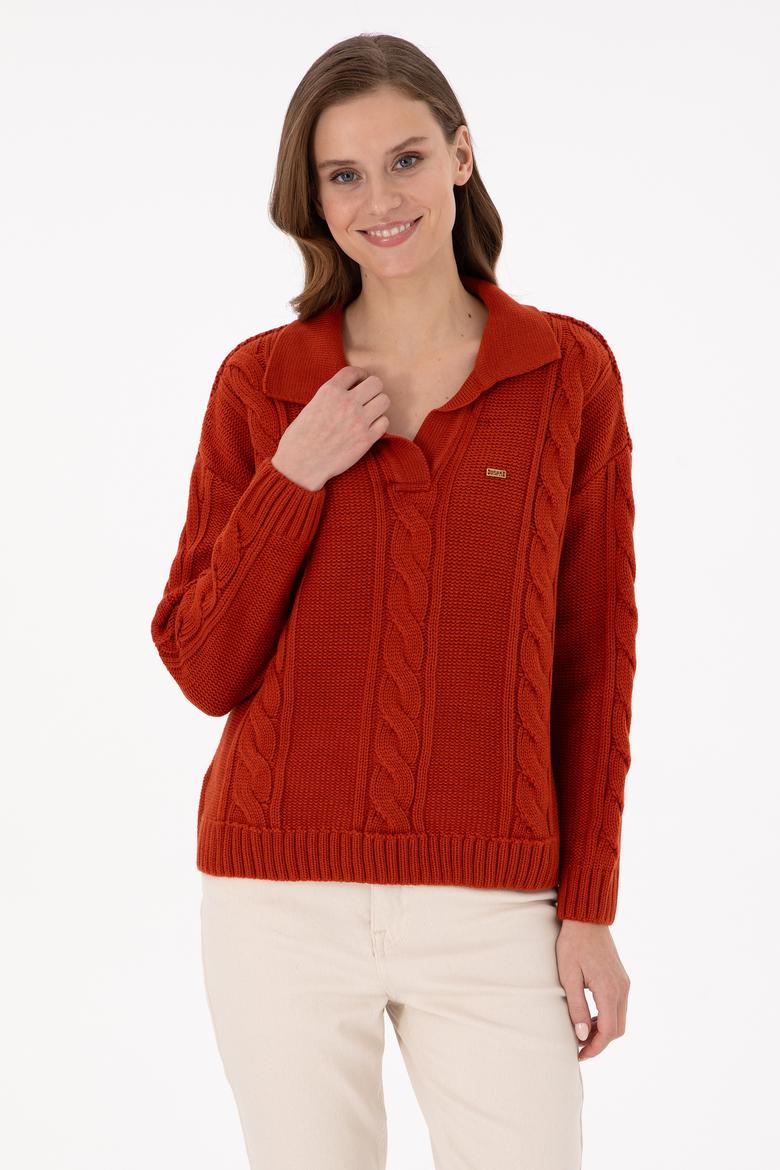 Kadın Kiremit Polo Yaka Kazak