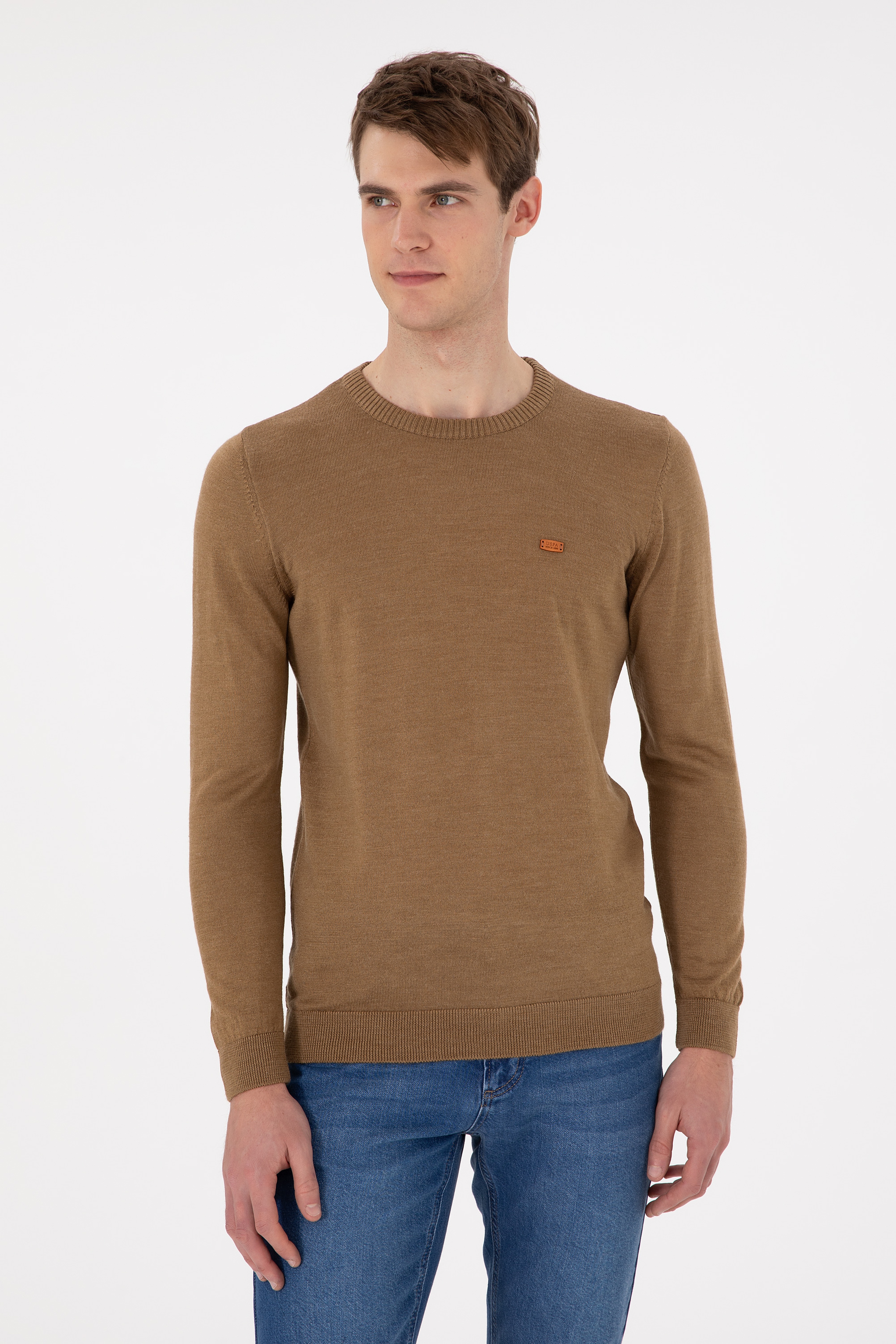 Erkek Slim Fit Bisiklet Yaka Haki Melanj Kazak - Image 1