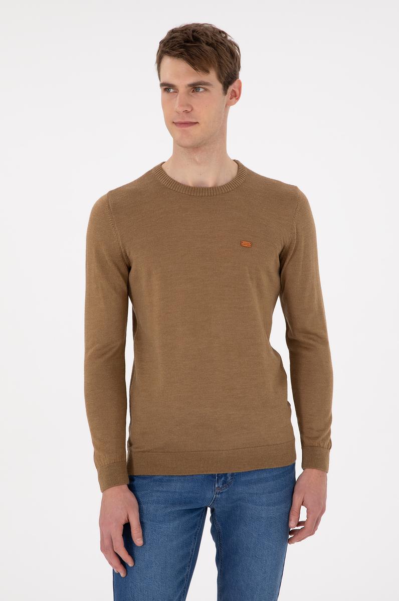 Erkek Slim Fit Bisiklet Yaka Haki Melanj Kazak