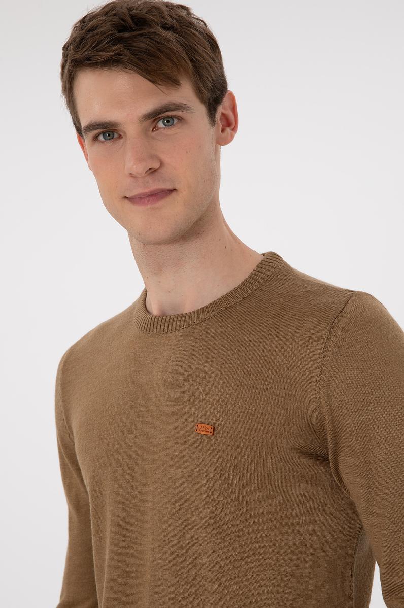 Erkek Slim Fit Bisiklet Yaka Haki Melanj Kazak