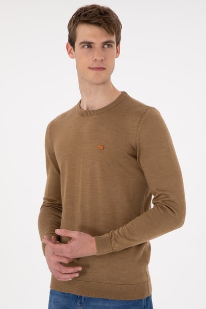 Erkek Slim Fit Bisiklet Yaka Haki Melanj Kazak