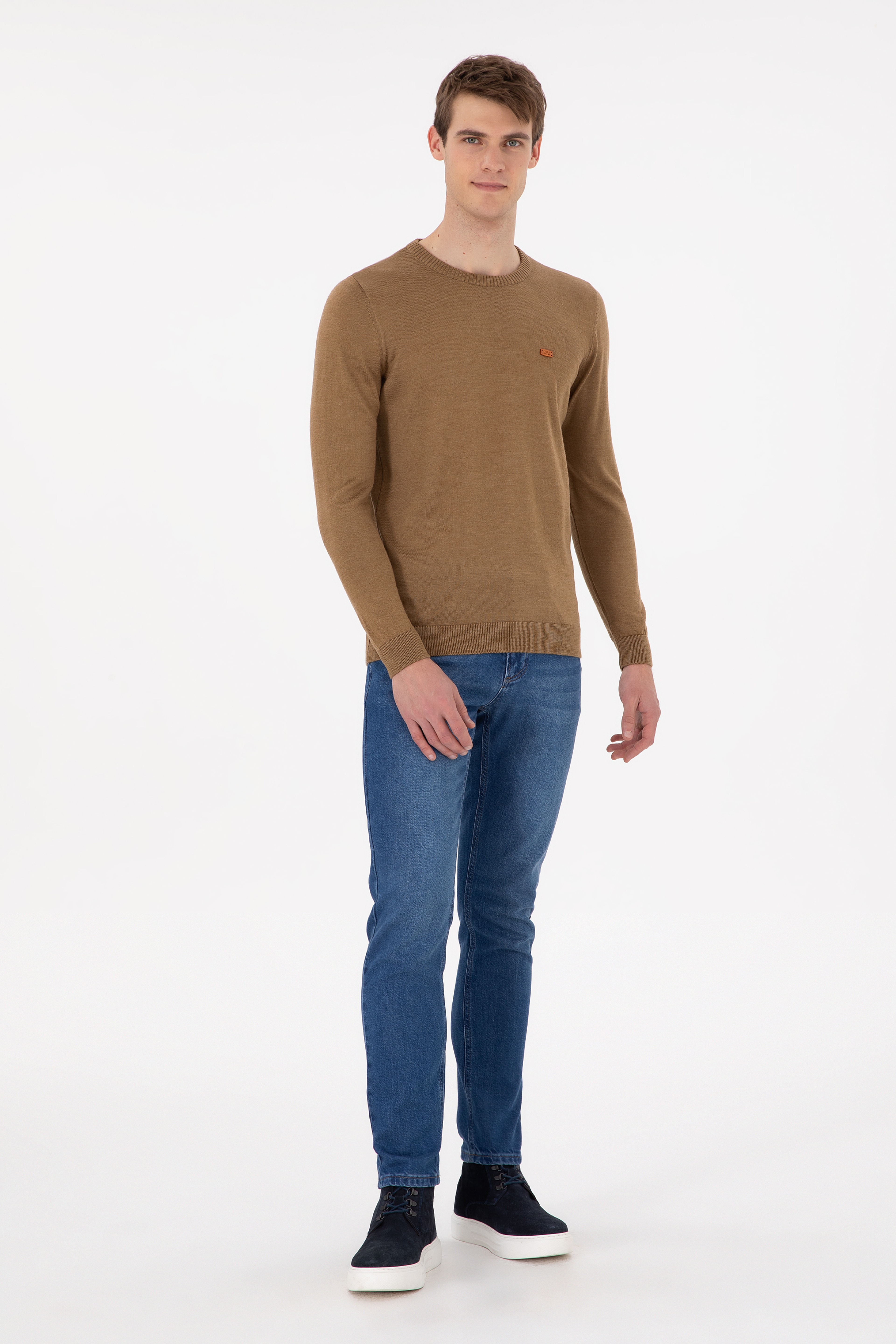 Erkek Slim Fit Bisiklet Yaka Haki Melanj Kazak