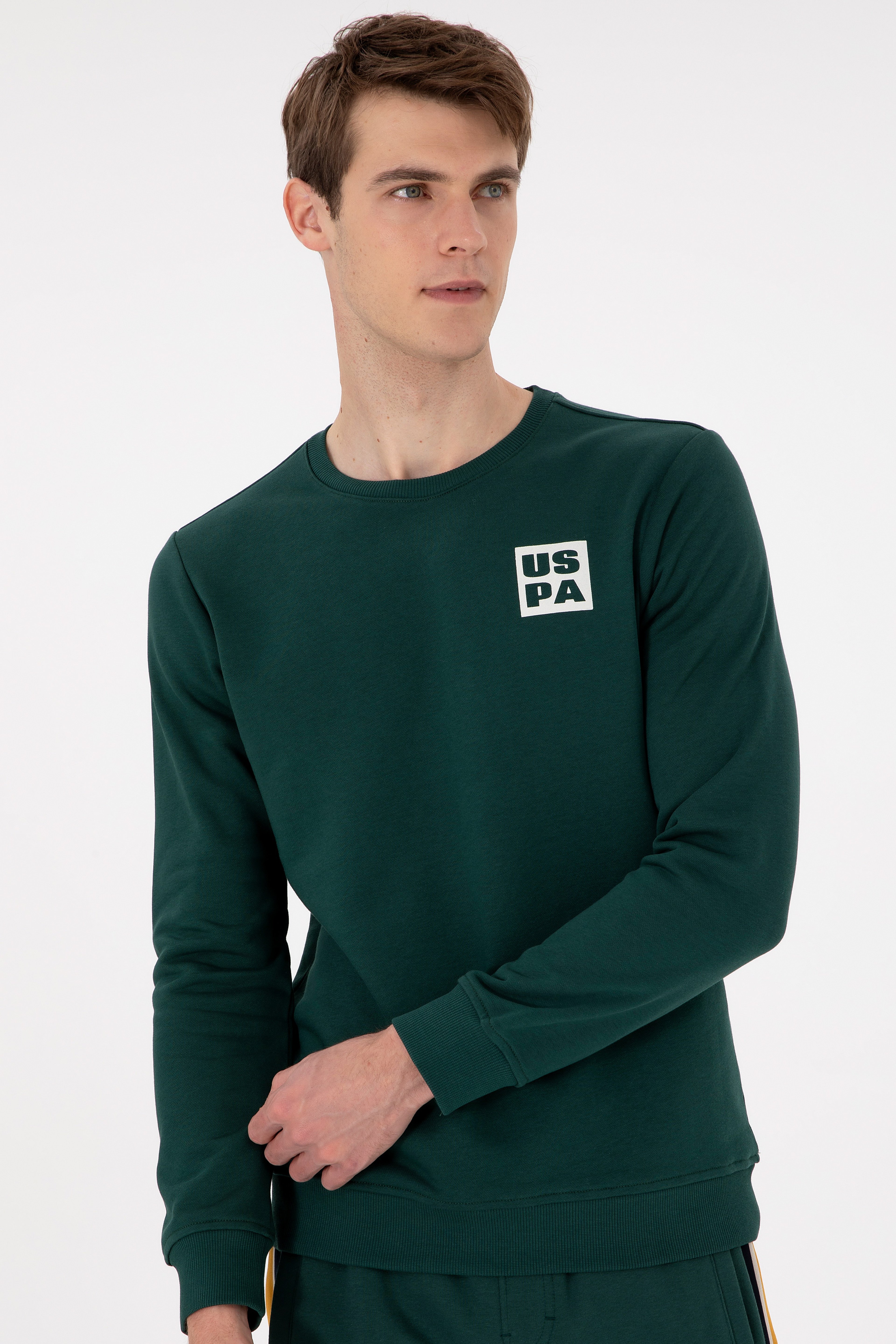 Erkek Regular Fit Bisiklet Yaka Koyu Yeşil Sweatshirt