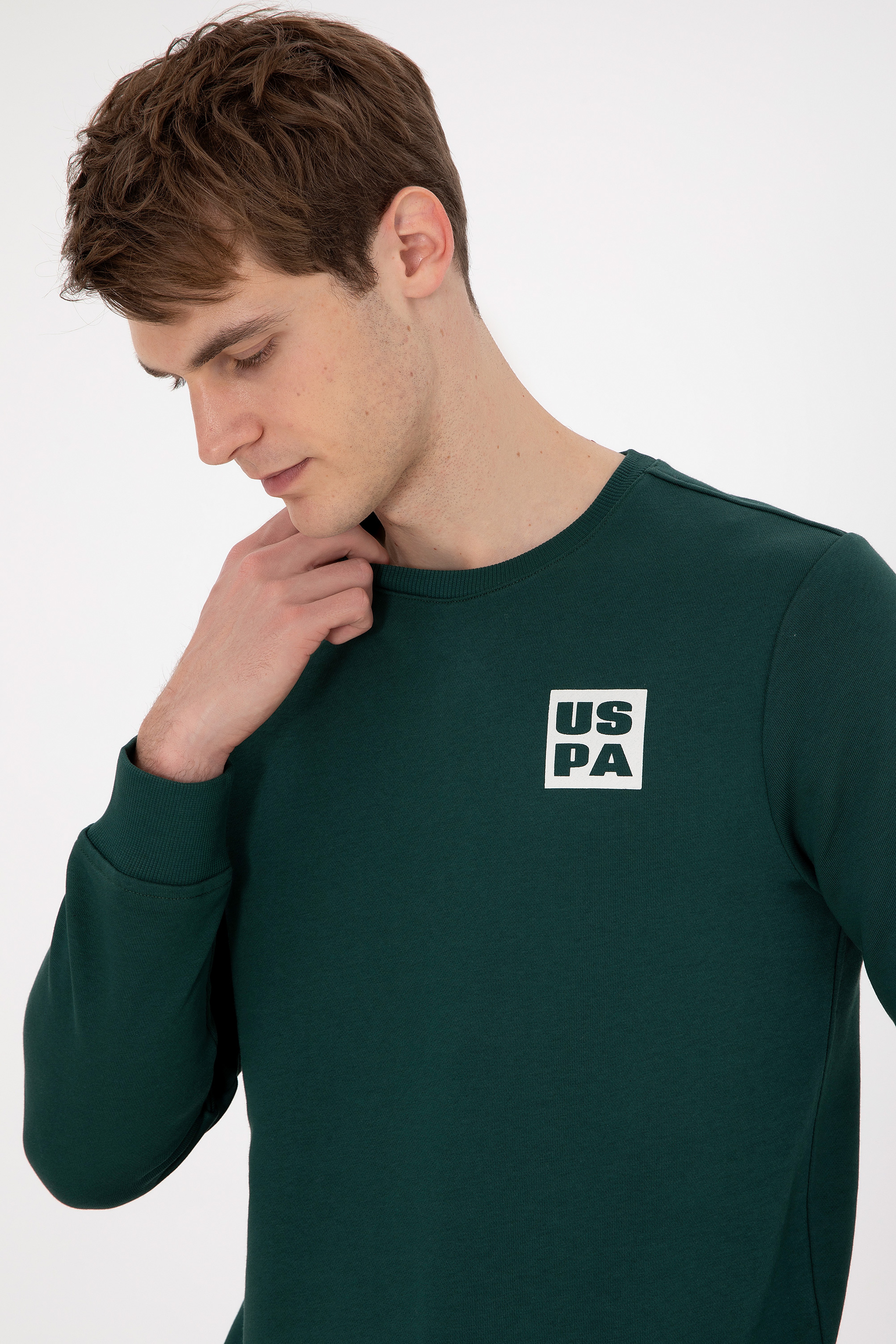 Erkek Regular Fit Bisiklet Yaka Koyu Yeşil Sweatshirt