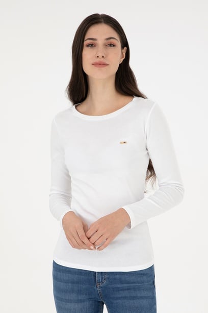 Kadın Beyaz Bisiklet Yaka Sweatshirt