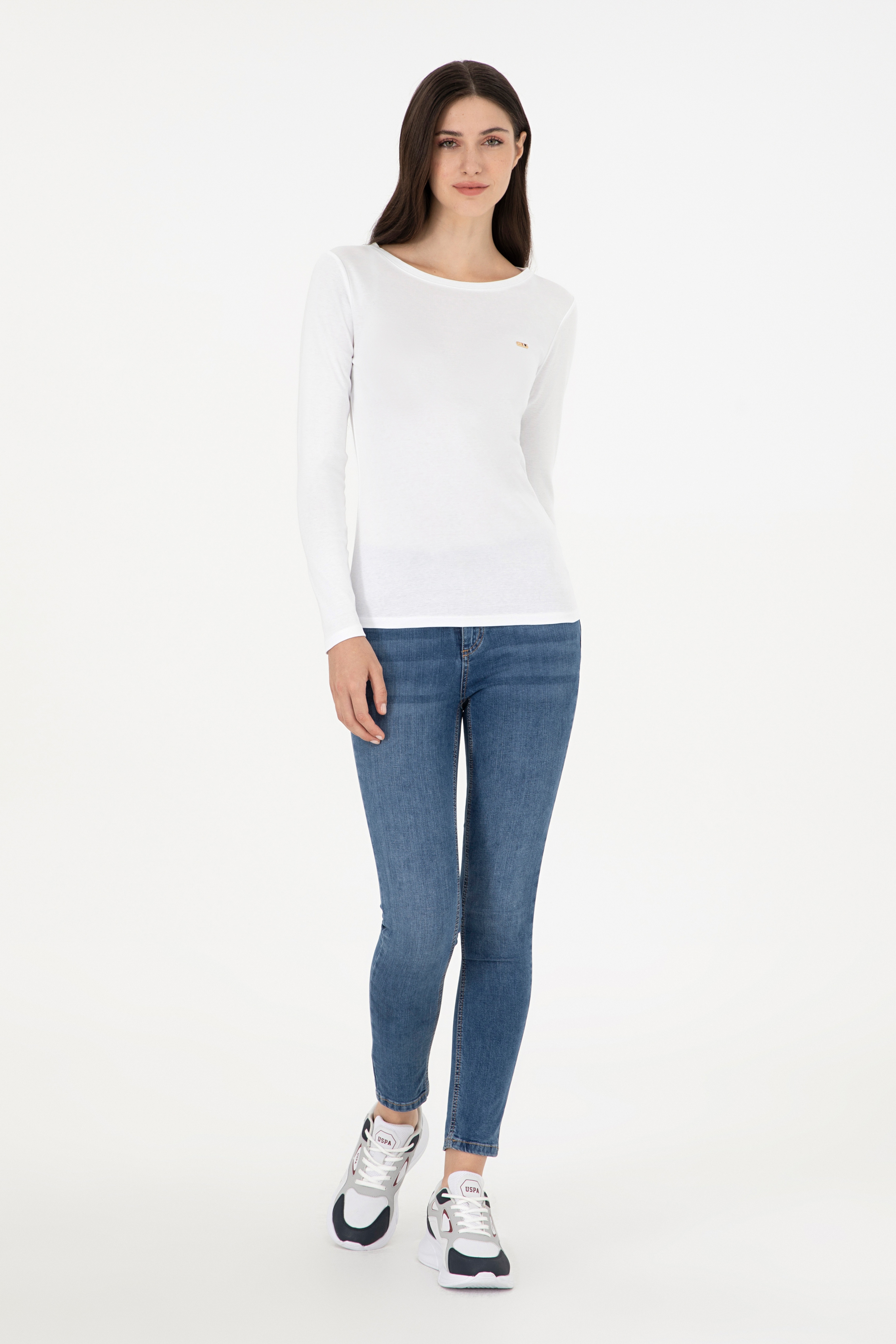 Kadın Beyaz Bisiklet Yaka Sweatshirt