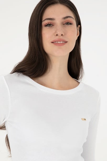 Kadın Beyaz Bisiklet Yaka Sweatshirt