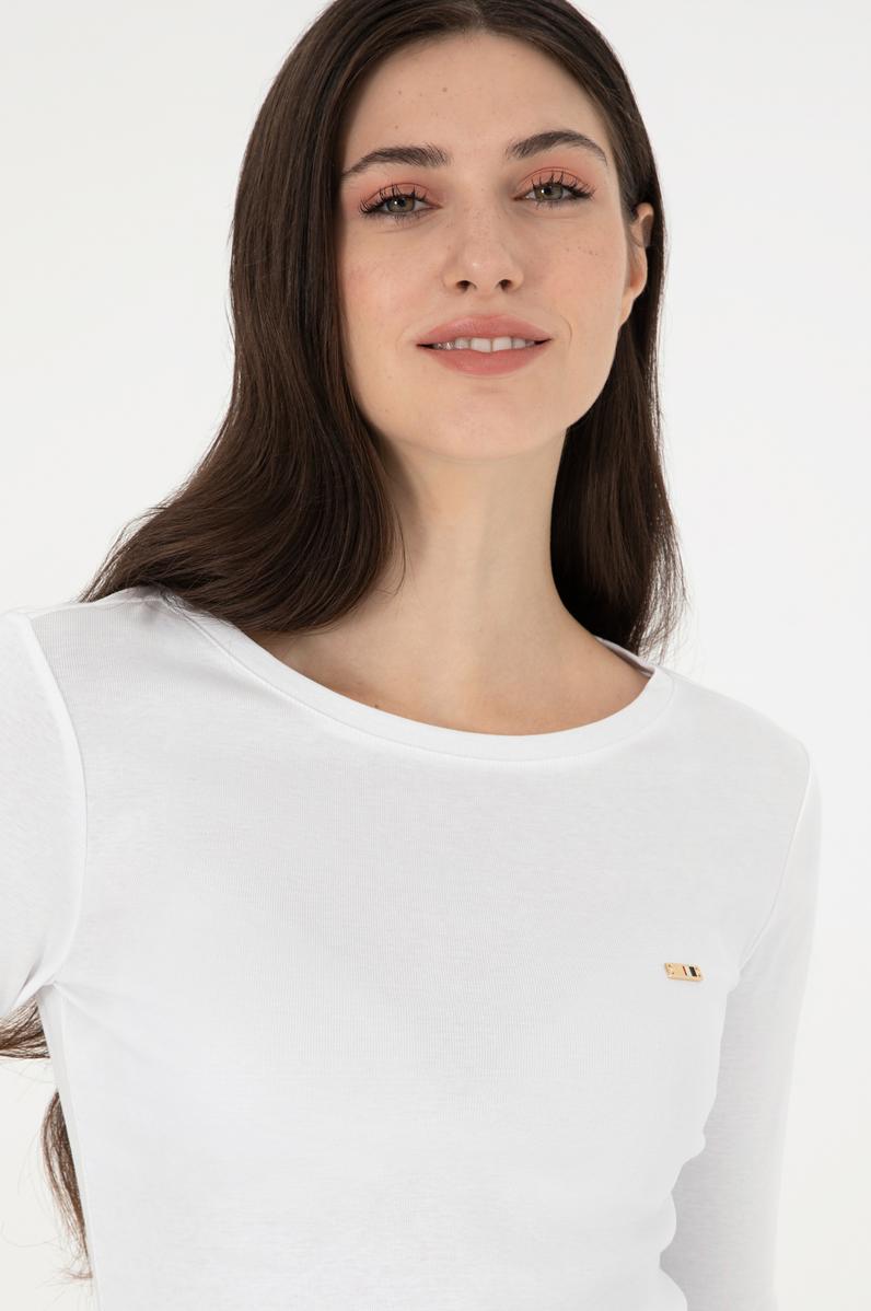 Kadın Beyaz Bisiklet Yaka Sweatshirt