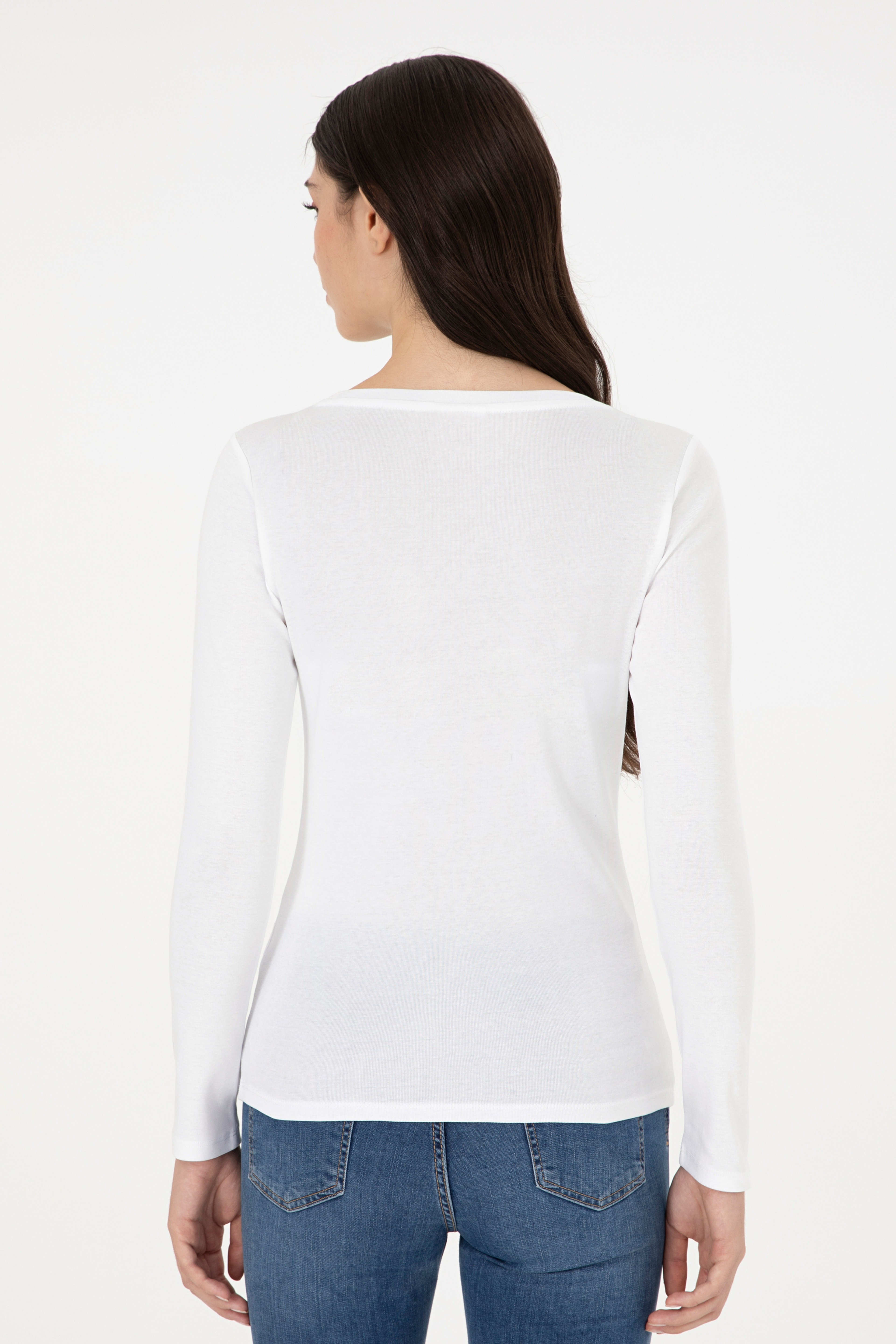 Kadın Beyaz Bisiklet Yaka Sweatshirt