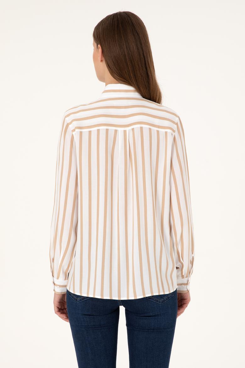 Kadın Beyaz Çizgili Uzun Kollu Gömlek - 50297122002