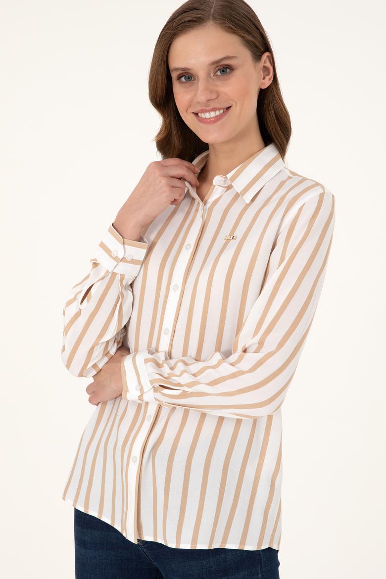 Kadın Beyaz Çizgili Uzun Kollu Gömlek - 50297122002