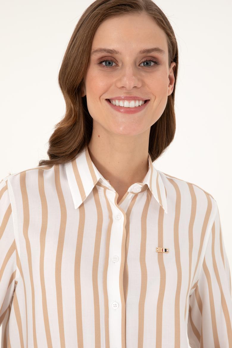 Kadın Beyaz Çizgili Uzun Kollu Gömlek - 50297122002