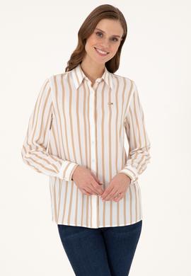 Kadın Beyaz Çizgili Uzun Kollu Gömlek - 50297122002