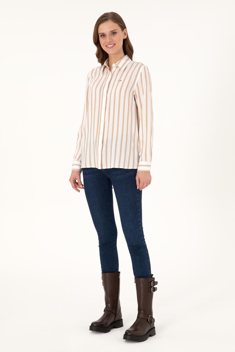 Kadın Beyaz Çizgili Uzun Kollu Gömlek - 50297122002