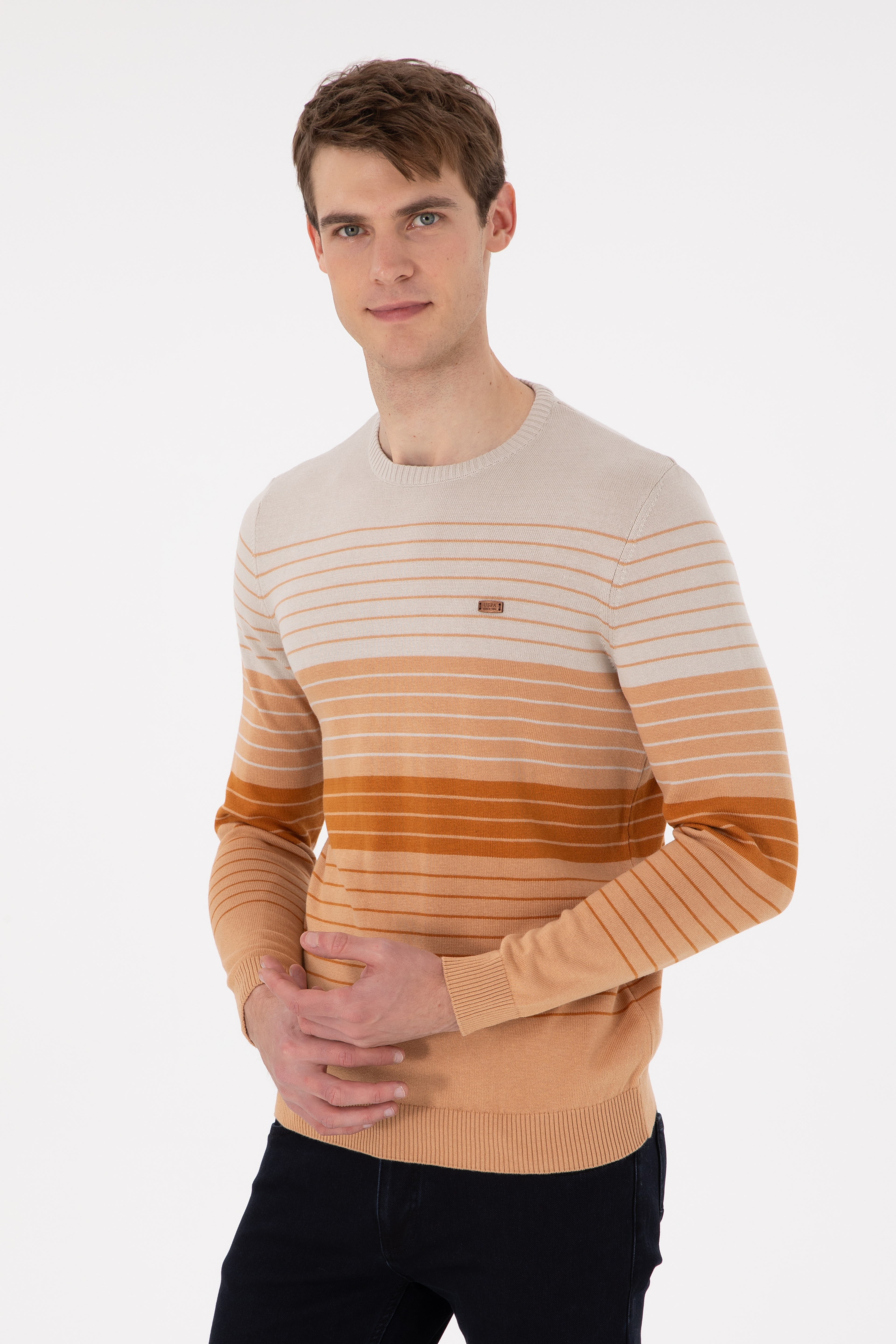Erkek Slim Fit Bisiklet Yaka Camel Kazak - Image 1