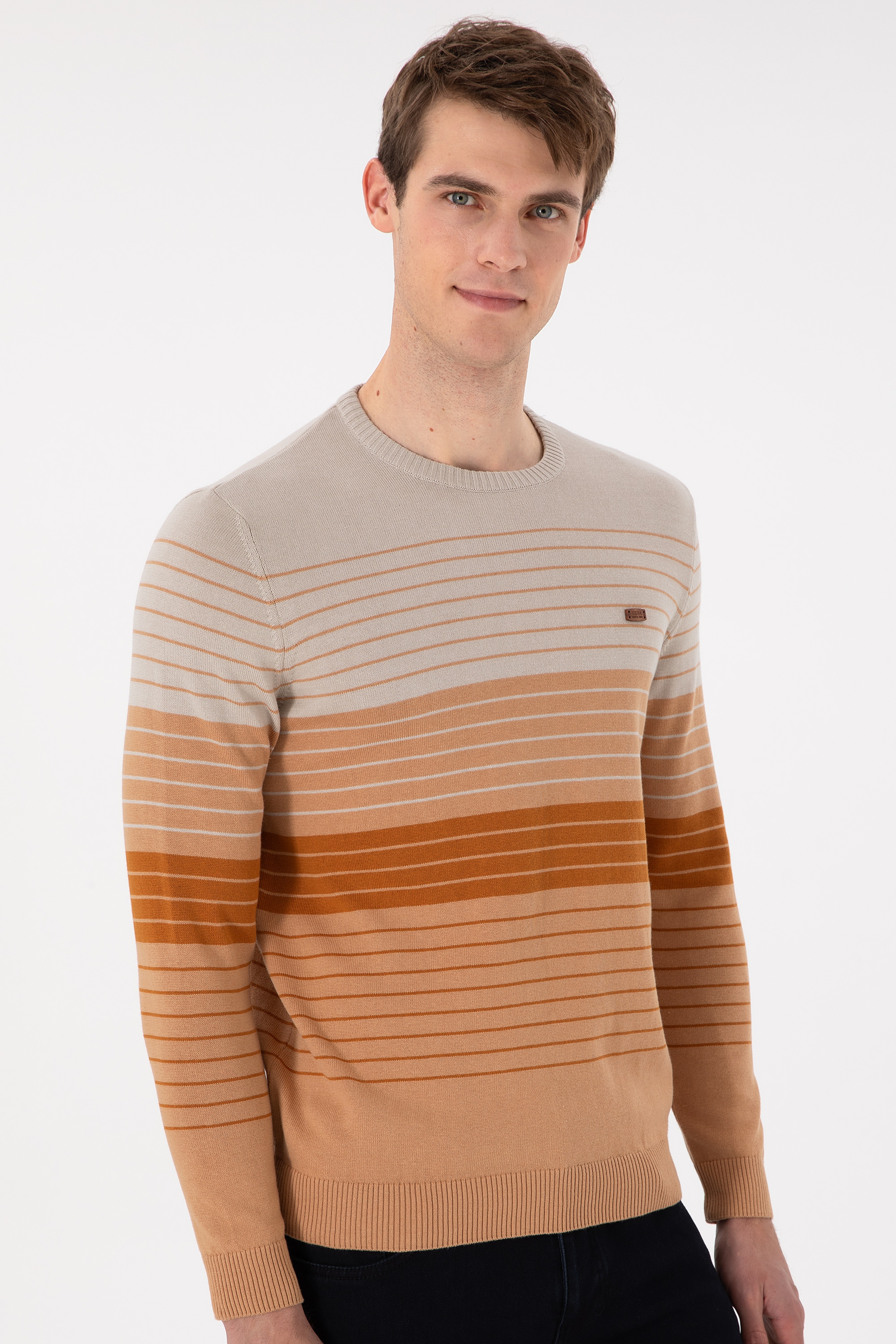 Erkek Slim Fit Bisiklet Yaka Camel Kazak - Image 3