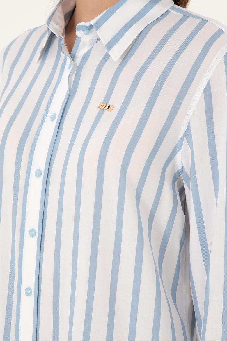 Kadın Açık Mavi Çizgili Uzun Kollu Gömlek - 50297122019