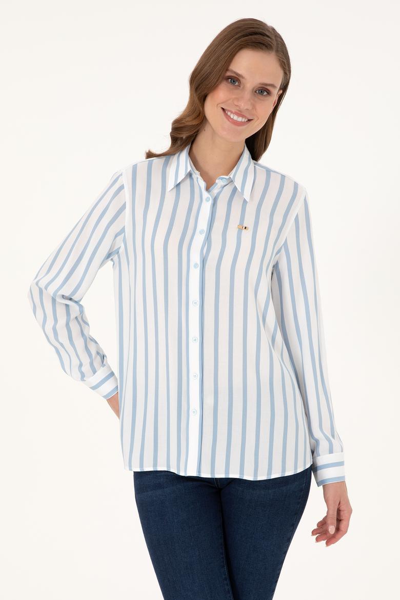 Kadın Açık Mavi Çizgili Uzun Kollu Gömlek