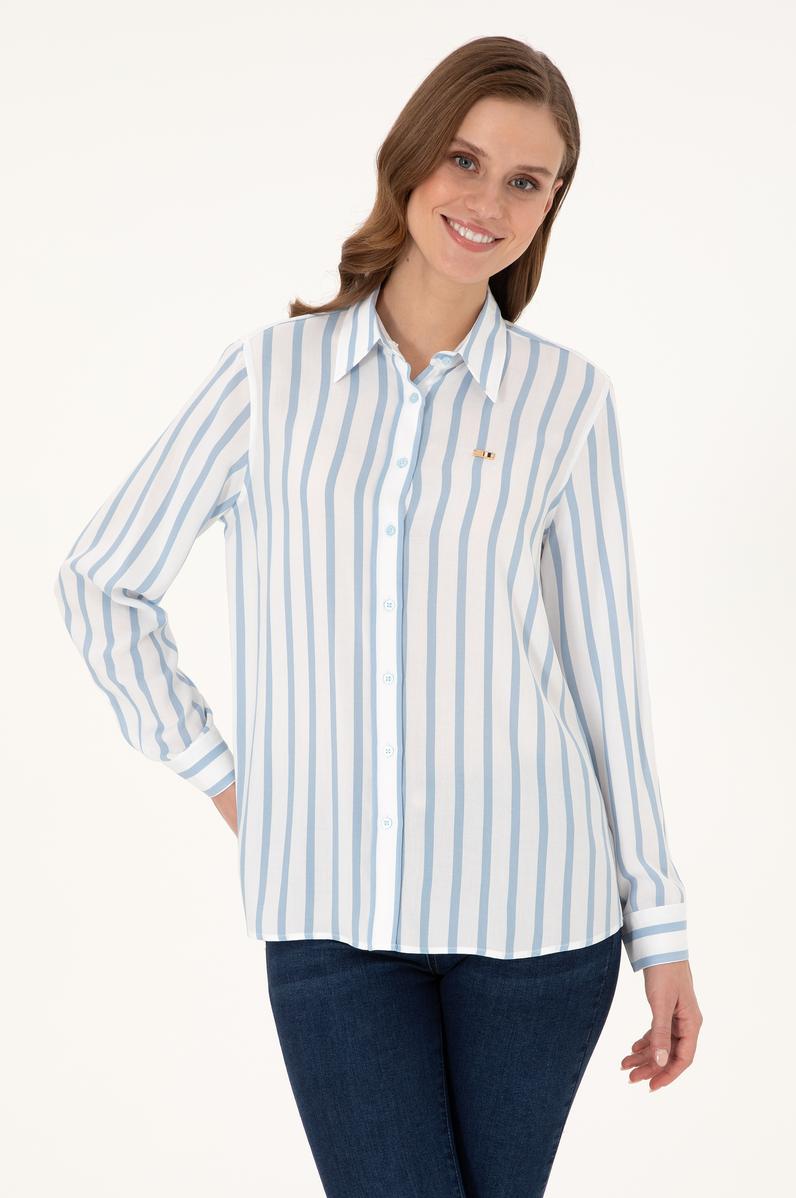 Kadın Açık Mavi Çizgili Uzun Kollu Gömlek