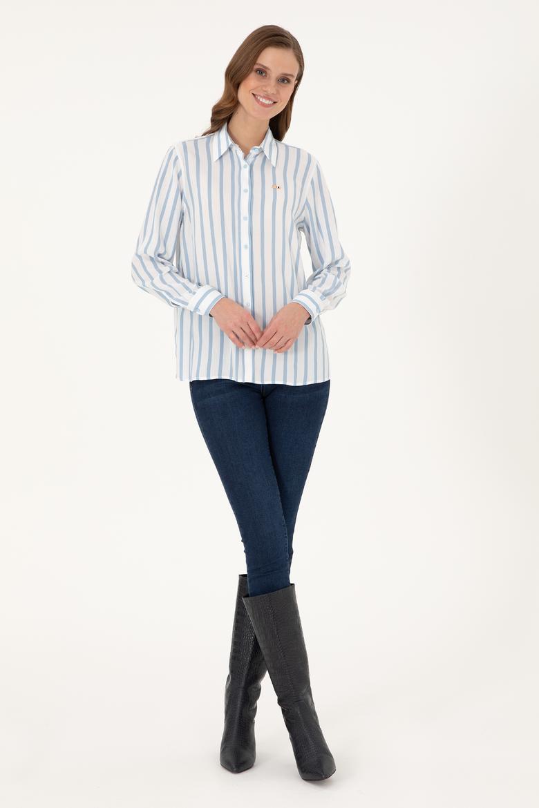 Kadın Açık Mavi Çizgili Uzun Kollu Gömlek - 50297122019