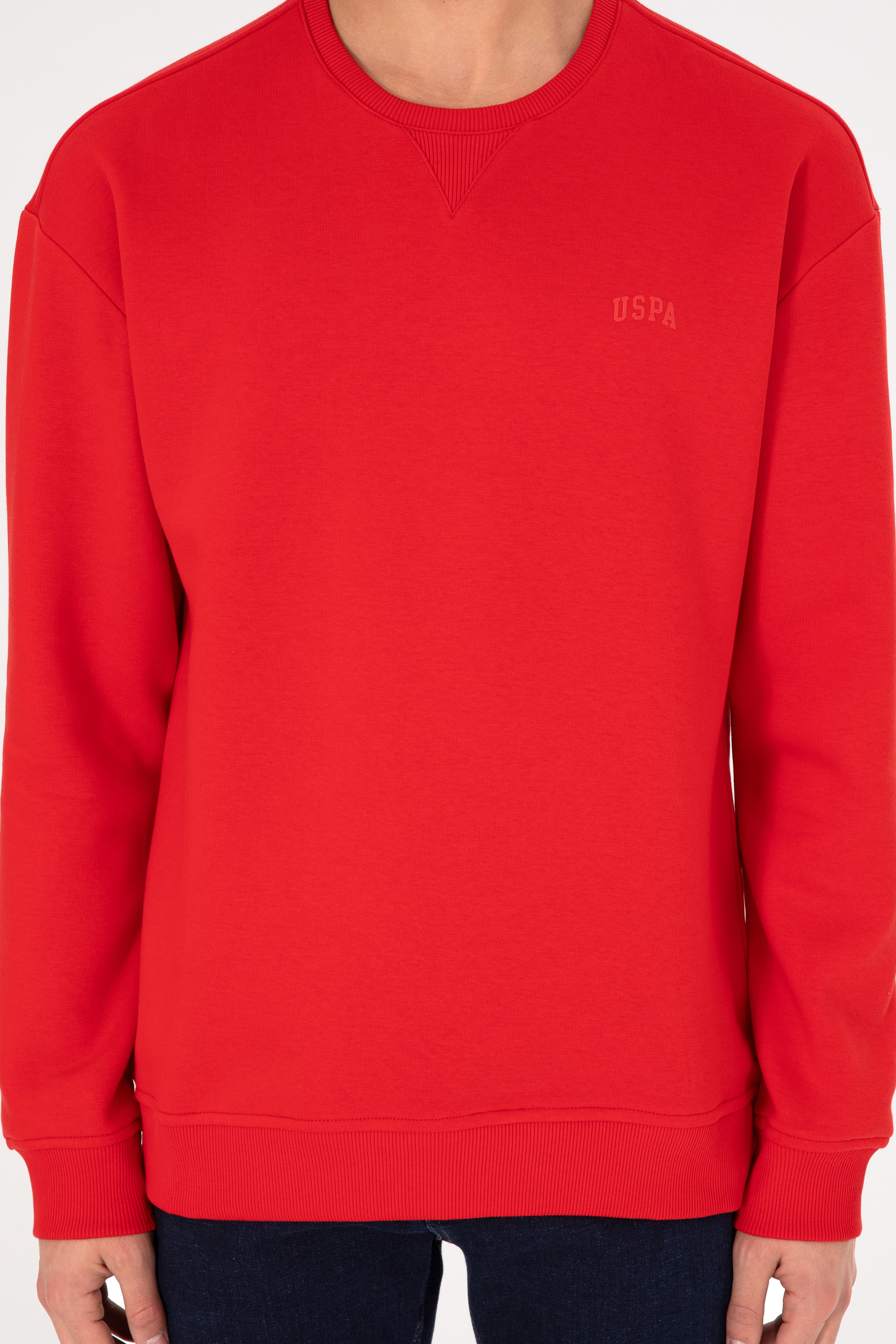 Erkek Bisiklet Yaka Kırmızı Basic Şardonlu Sweatshirt