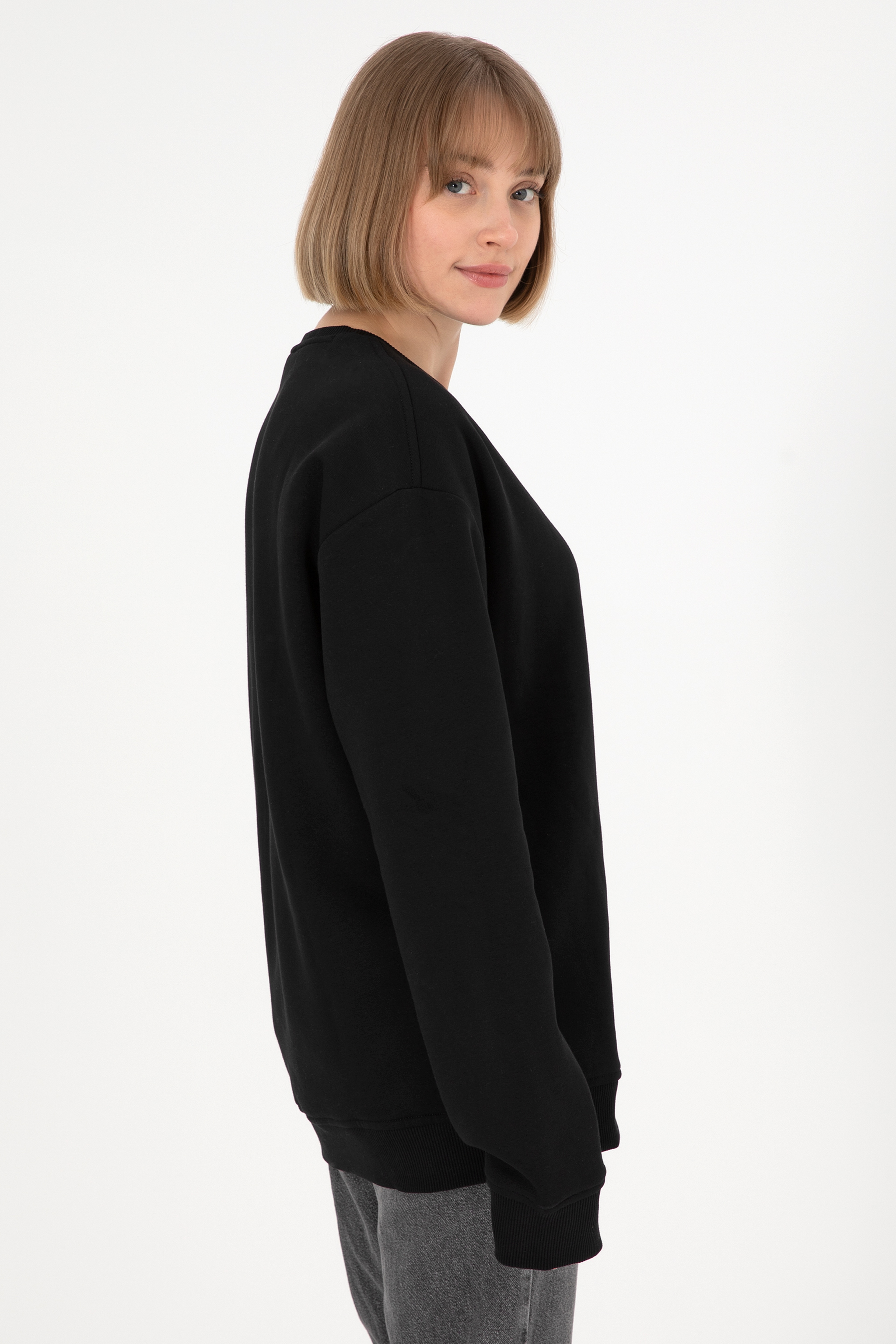 Erkek Bisiklet Yaka Siyah Basic Şardonlu Sweatshirt - Image 4