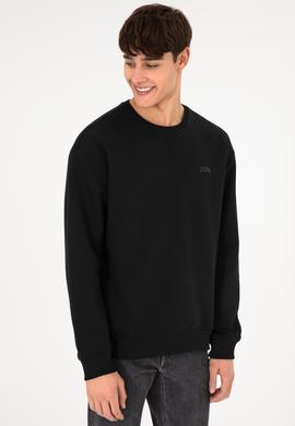 Erkek Bisiklet Yaka Siyah Basic Şardonlu Sweatshirt - 50295148093