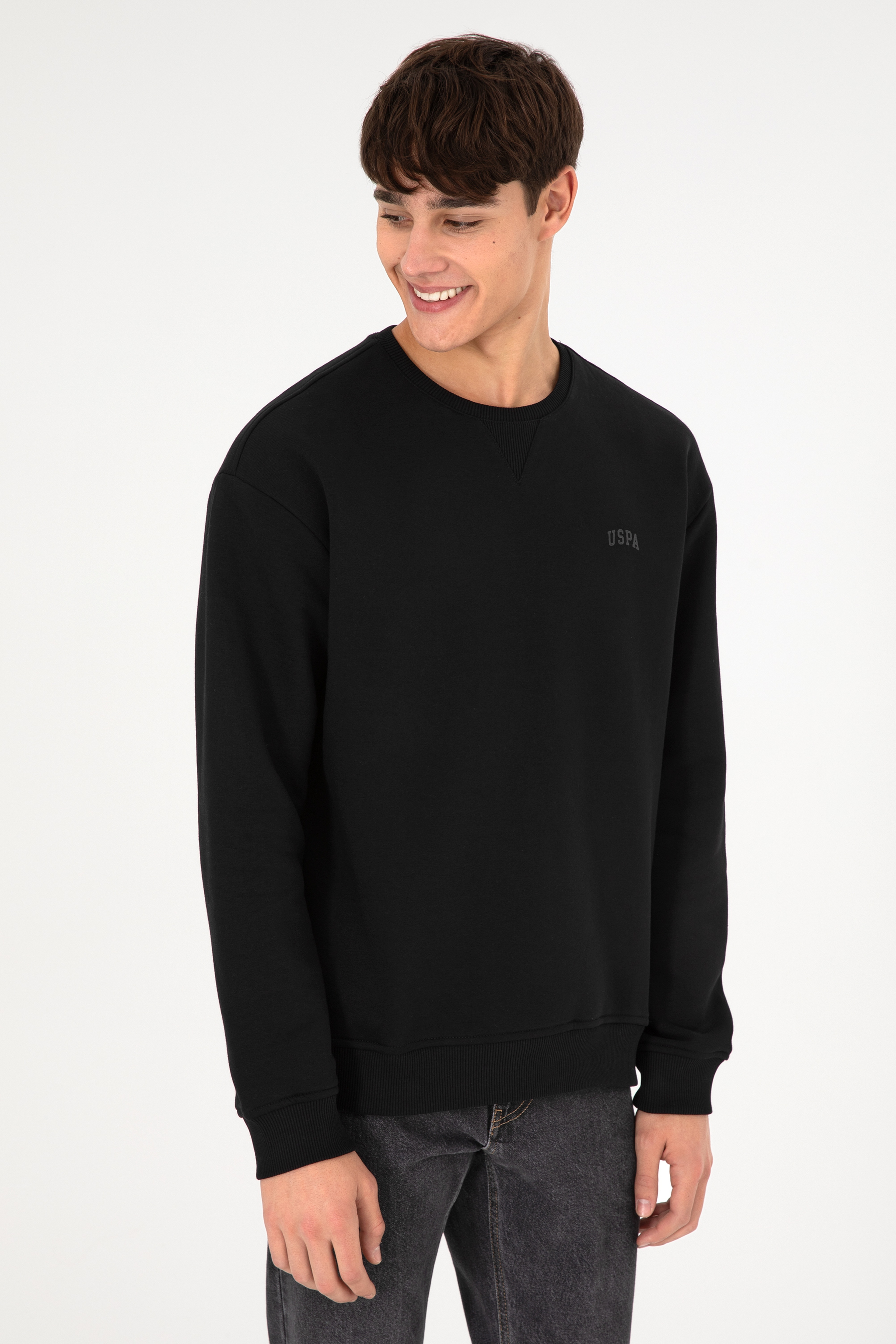 Erkek Bisiklet Yaka Siyah Basic Şardonlu Sweatshirt