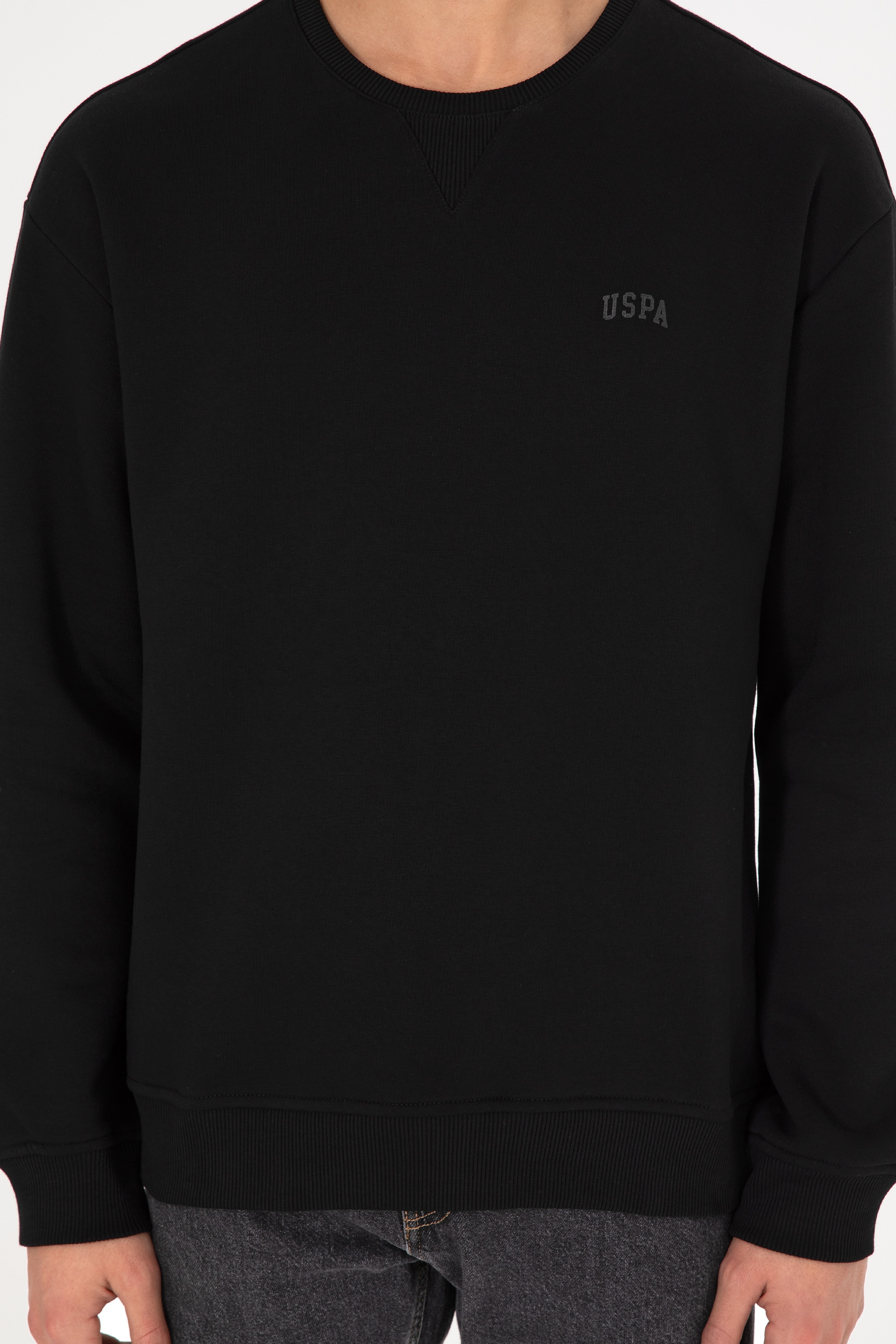 Erkek Bisiklet Yaka Siyah Basic Şardonlu Sweatshirt