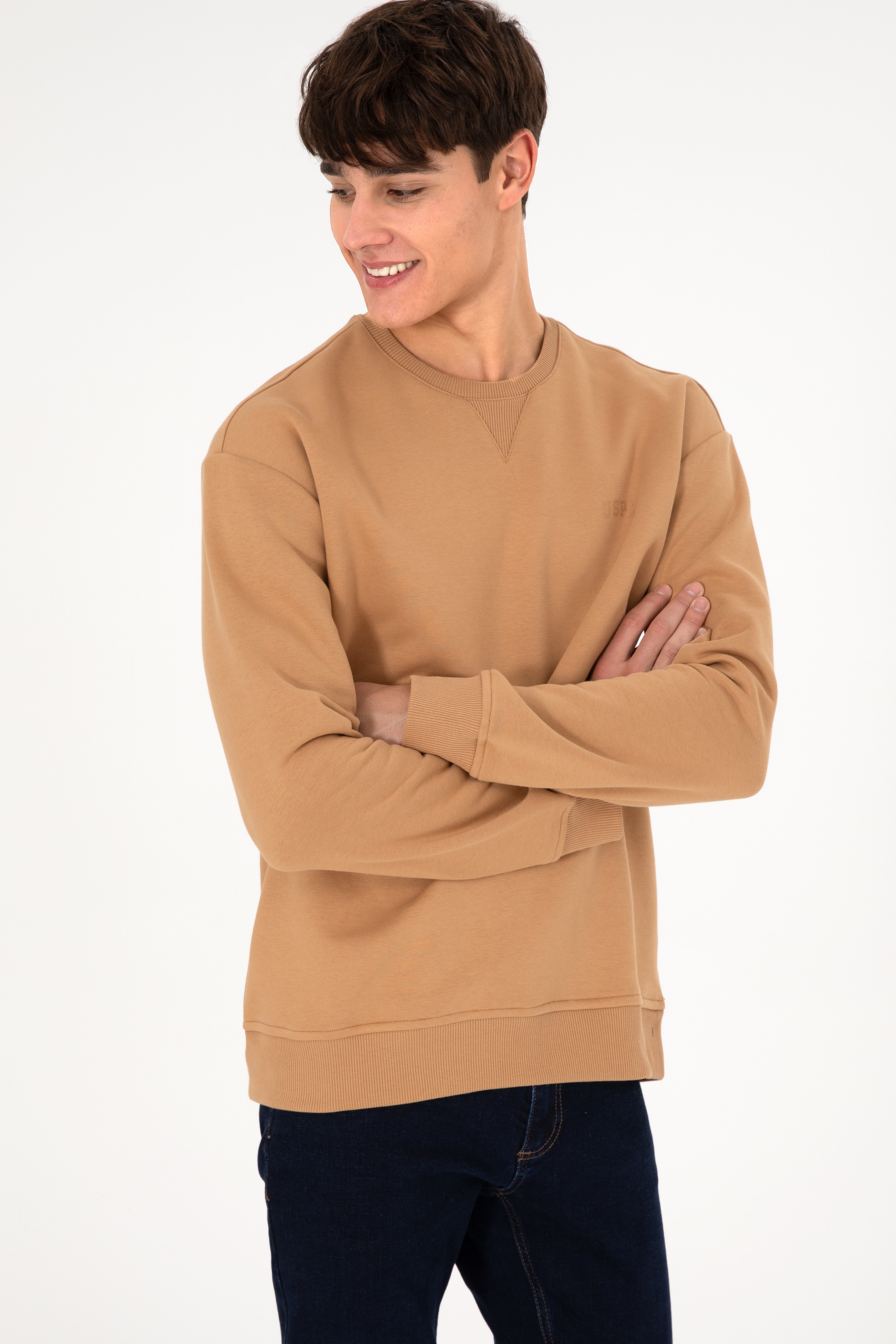 Erkek Bisiklet Yaka Camel Basic Şardonlu Sweatshirt - Image 5