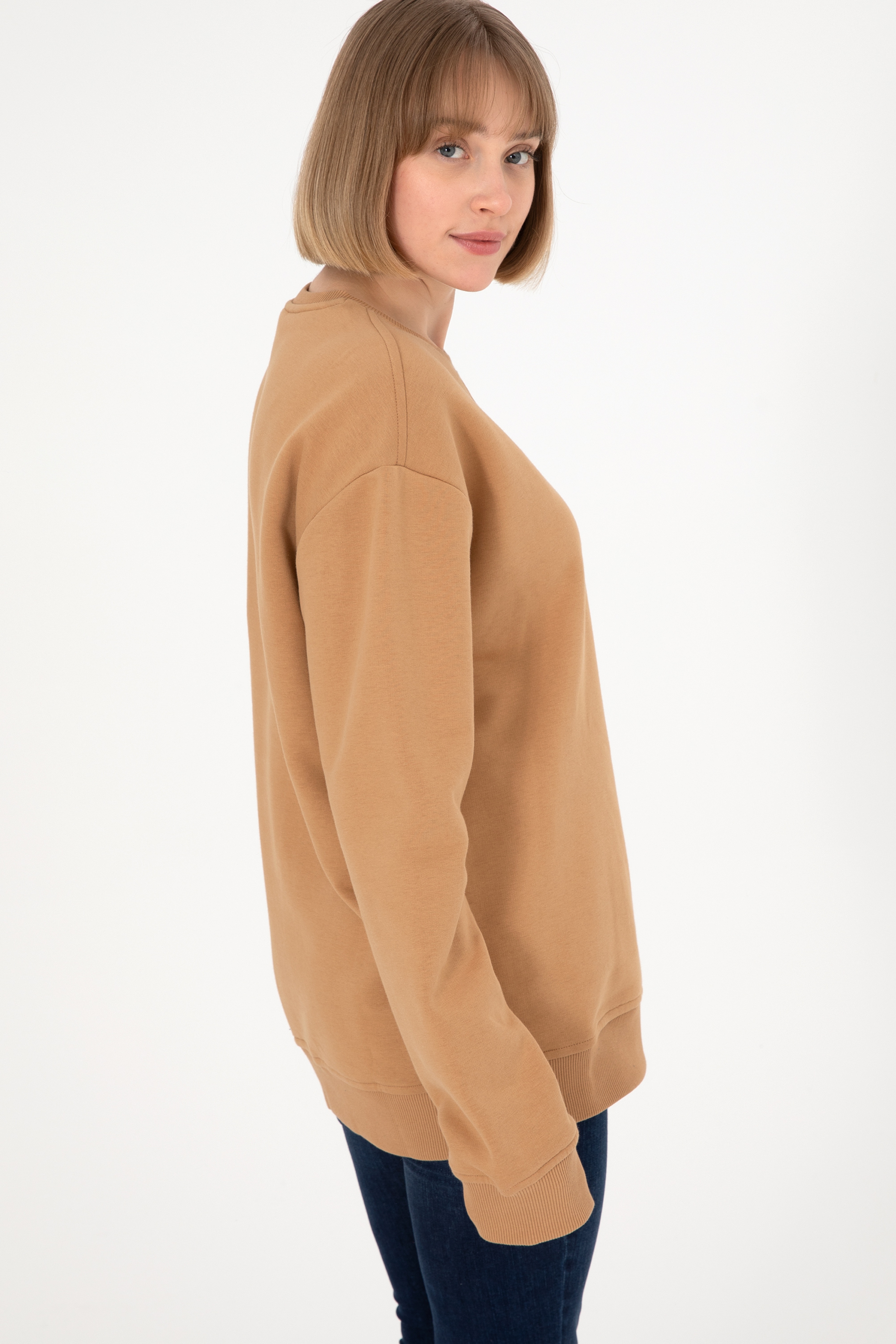Erkek Bisiklet Yaka Camel Basic Şardonlu Sweatshirt